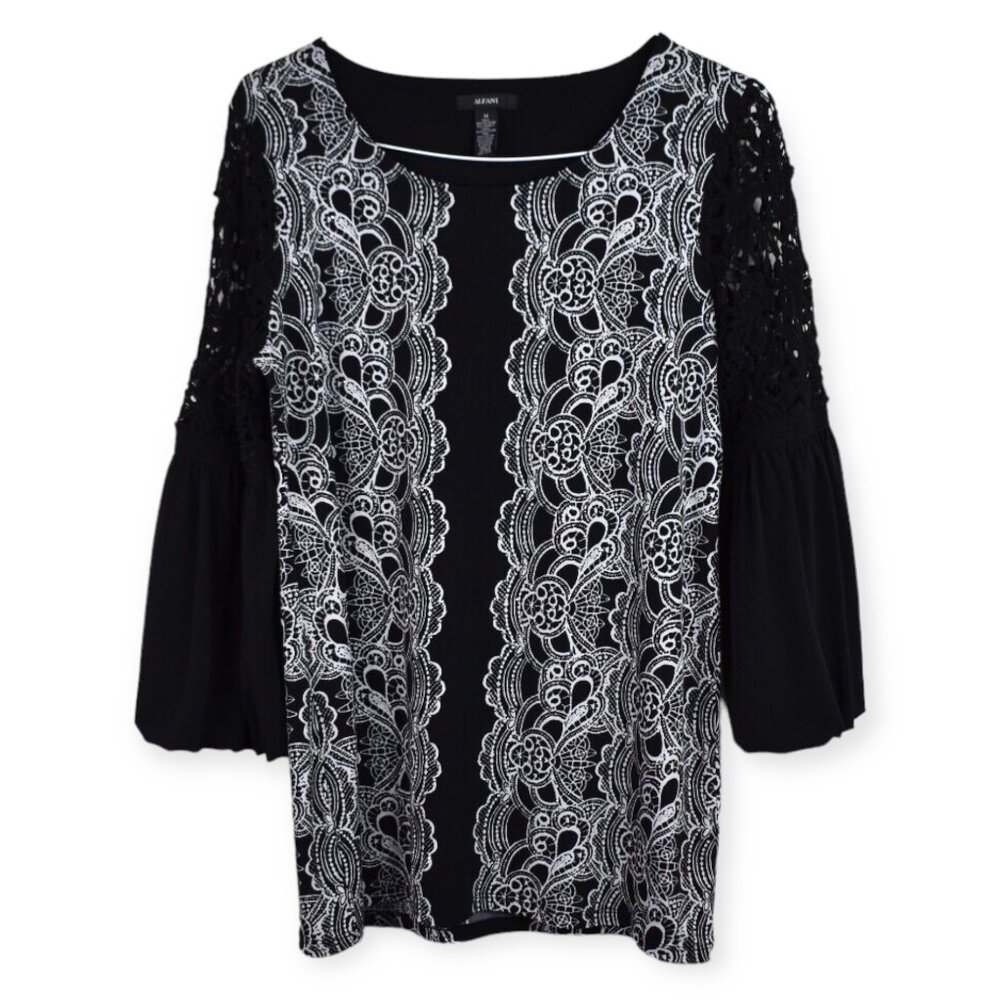 Alfani Blouse M Womens Printed Floral Sequin Long Sleeve Polyester Blend Crochet